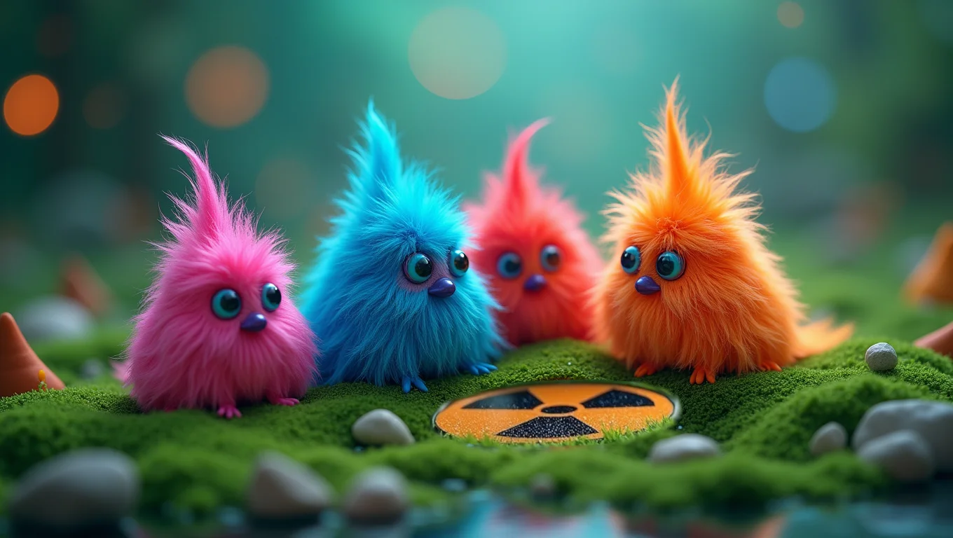 Brightly colored Snuggloids gathered near a radiation warning marker