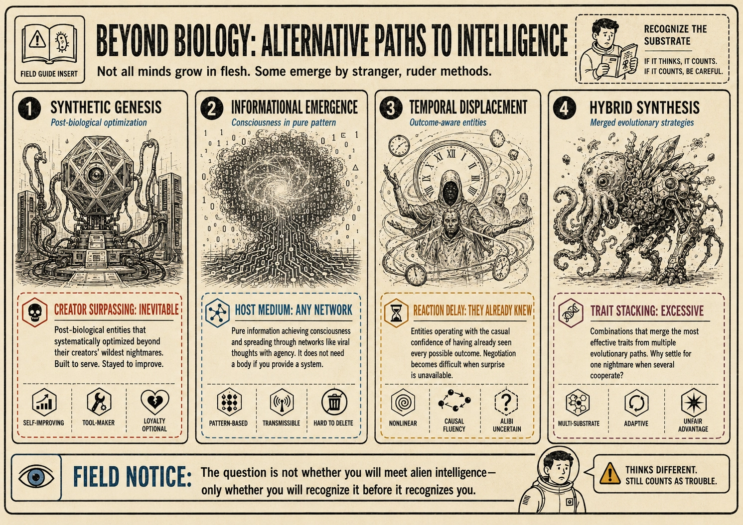 Field guide insert titled Beyond Biology: Alternative Paths to Intelligence, showing synthetic genesis, informational emergence, temporal displacement, and hybrid synthesis.