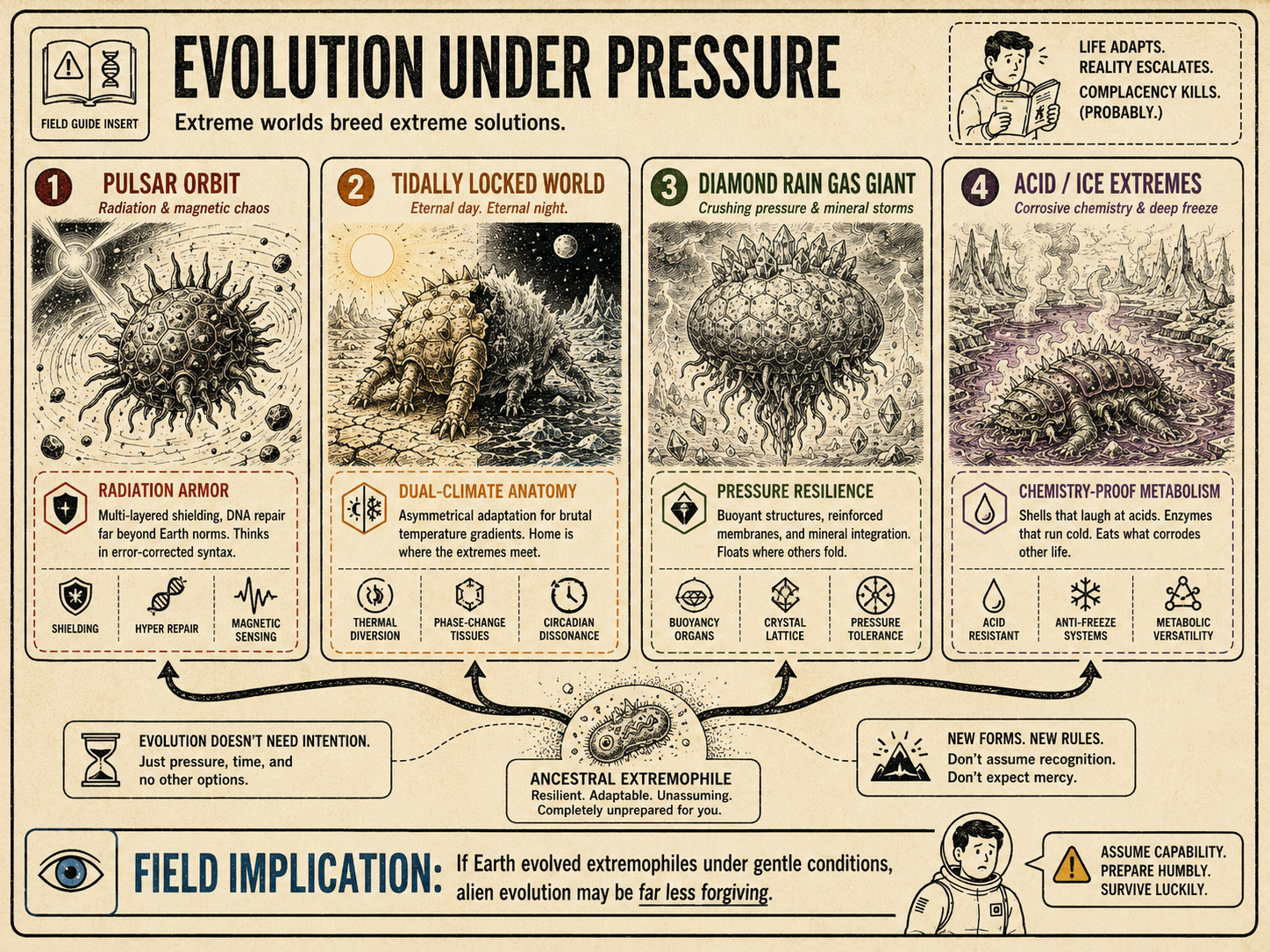 Field guide insert titled Evolution Under Pressure, showing hostile worlds and the extreme adaptations they can produce.