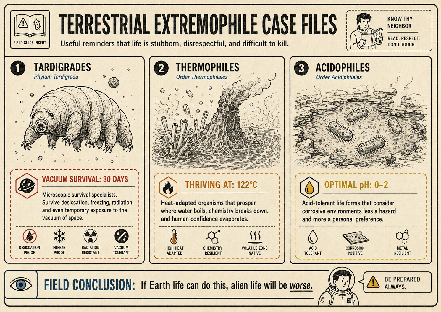 Field guide insert titled Terrestrial Extremophile Case Files, showing tardigrades, thermophiles, and acidophiles as examples of stubborn Earth life.