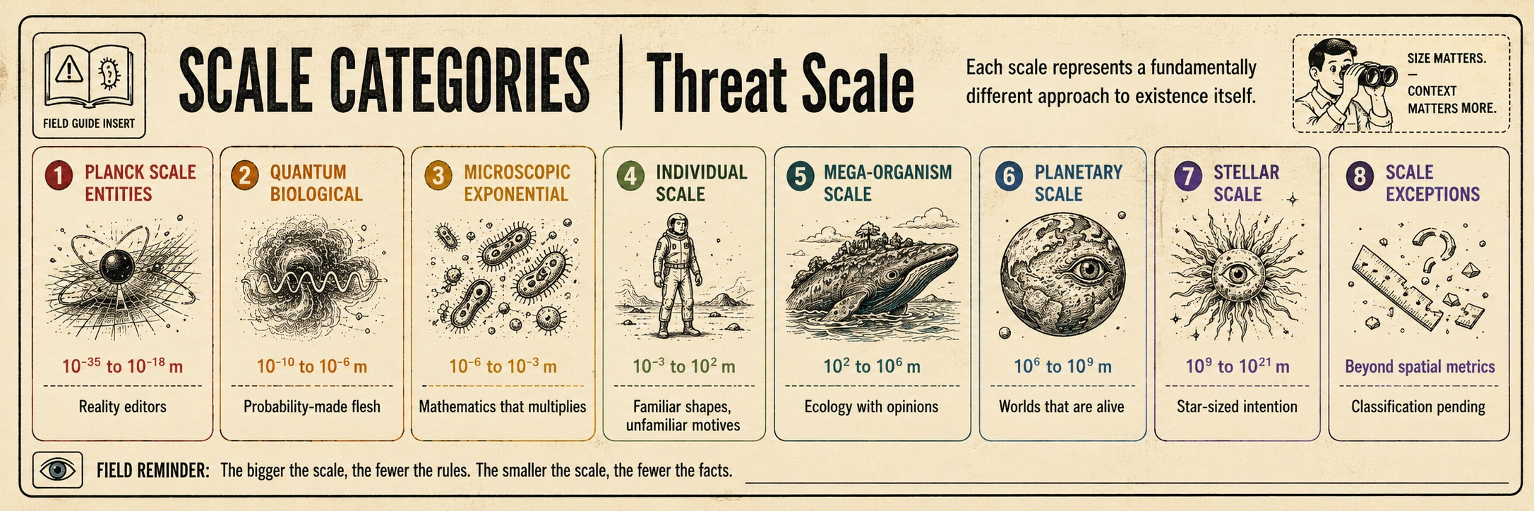 Field guide insert titled Scale Categories: Threat Scale, showing eight life-scale categories from Planck scale entities through scale exceptions.