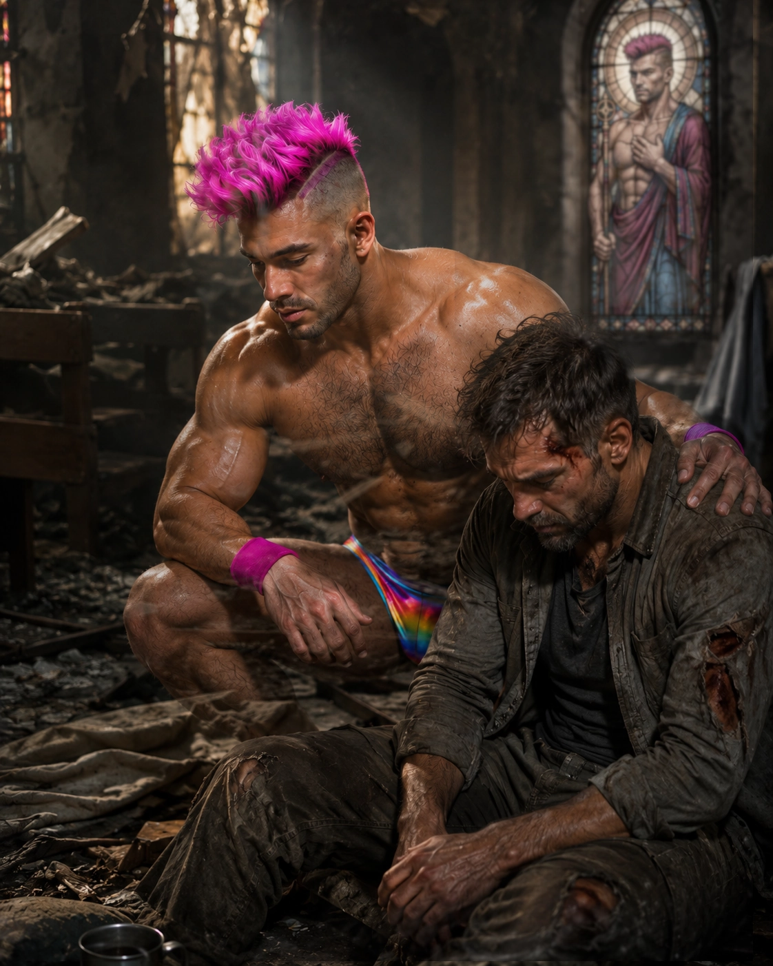 Merkin crouches beside a tired man in a damaged chapel with a stained-glass Merkin portrait behind them.