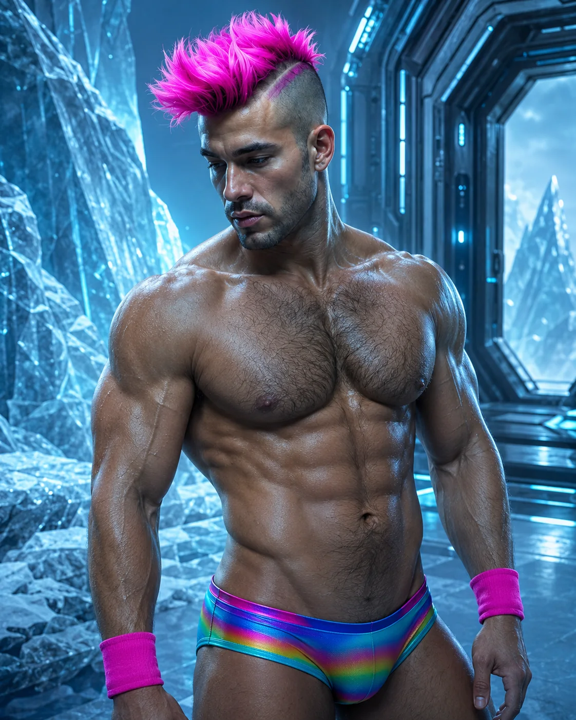 Merkin stands at a blue ice gate with bright pink hair and rainbow wrist wraps.