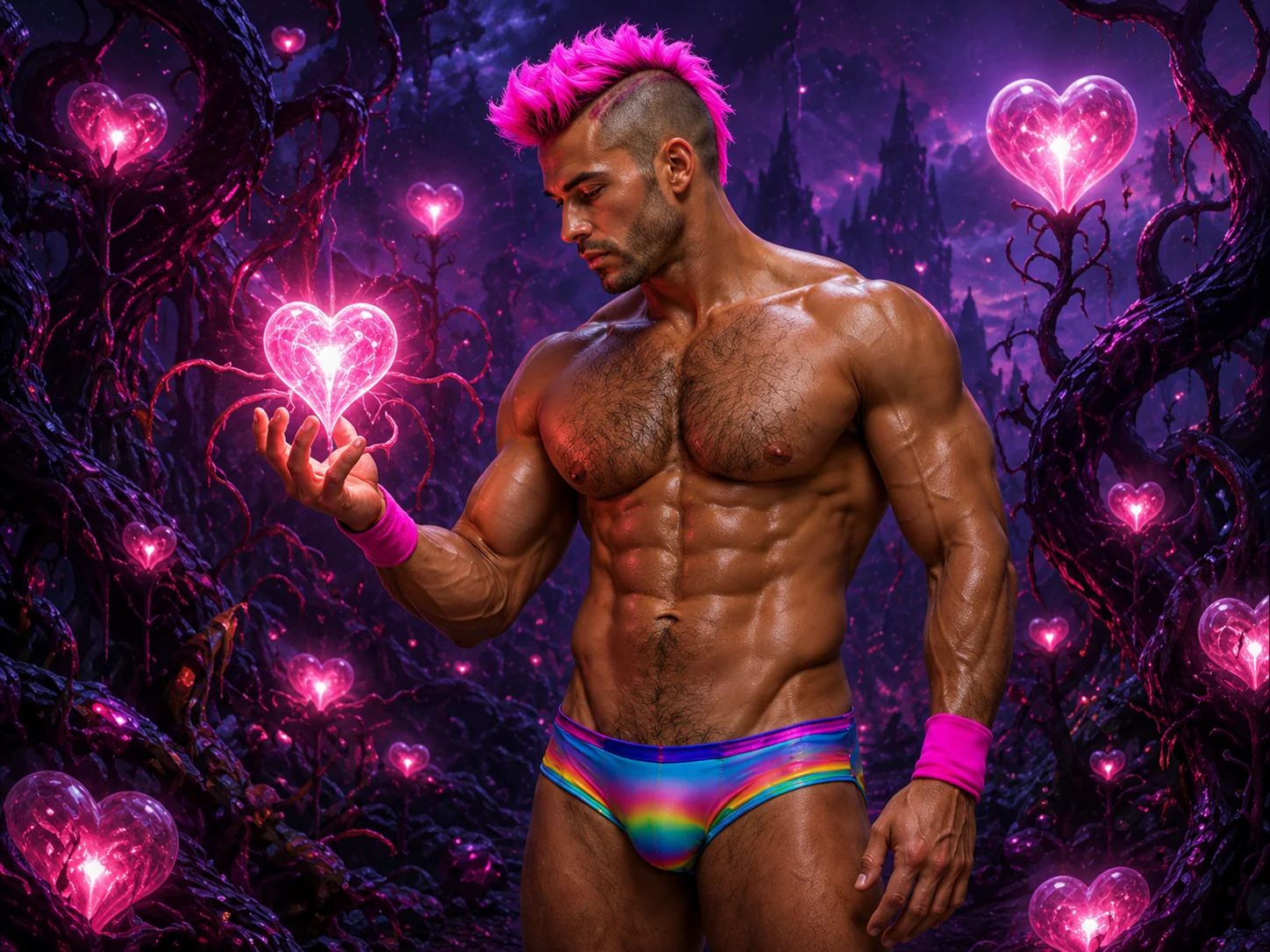 Merkin holds glowing pink hearts in a cosmic violet forest.