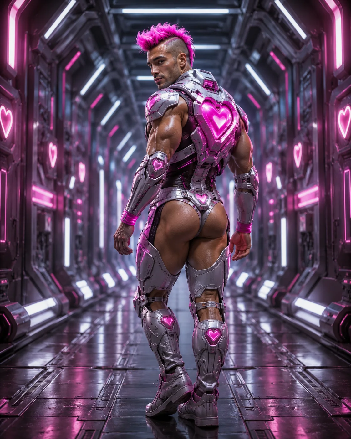 Merkin stands in a mirrored chrome corridor with pink heart lights.