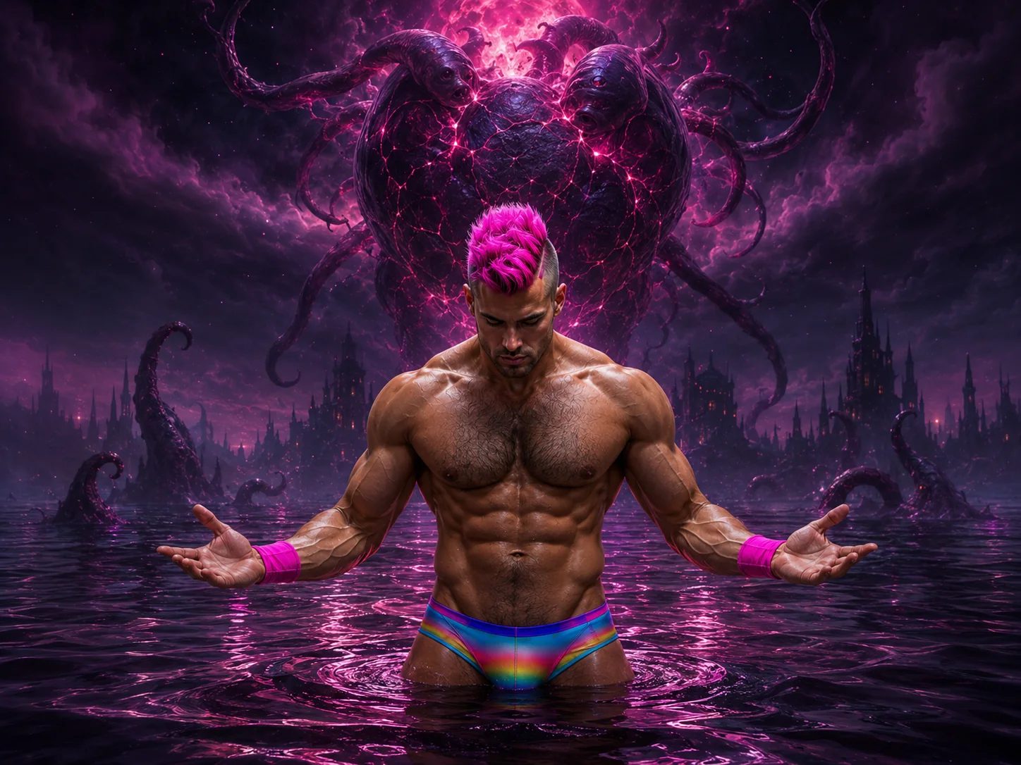 Merkin meditates in purple water beneath a massive shadow figure.