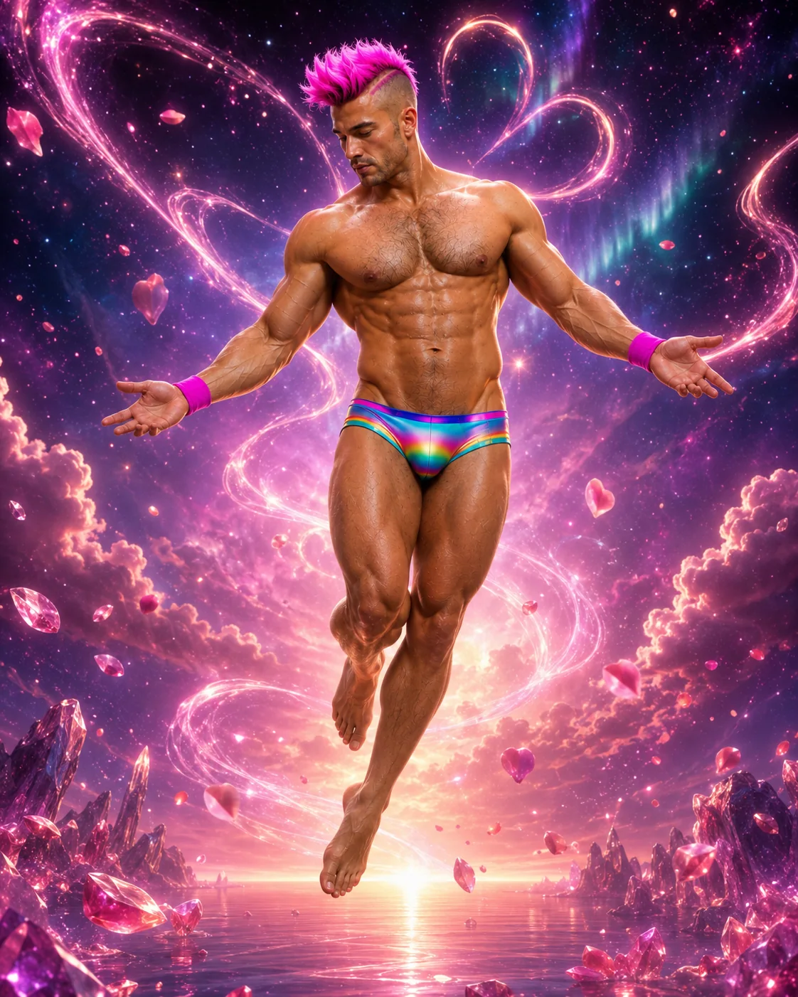 Merkin floats through a luminous heart ring surrounded by sparks.