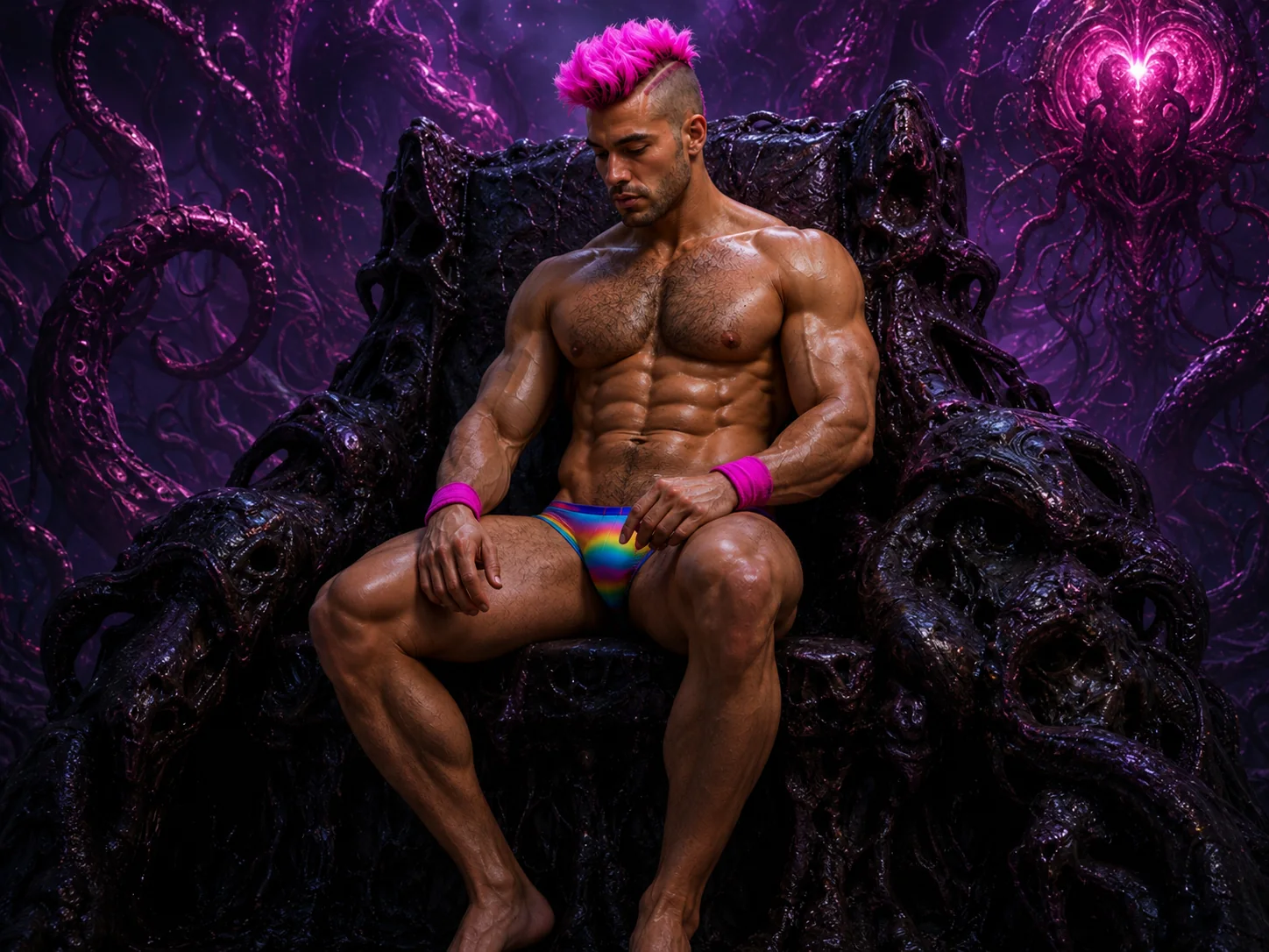 Merkin sits on a dark throne of organic shapes and violet hearts.