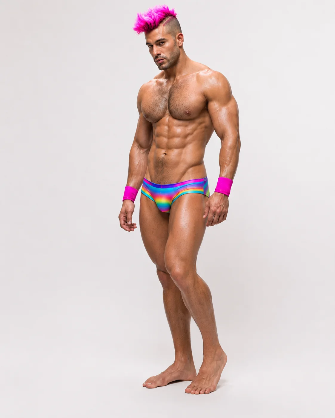 Merkin walks across a plain white backdrop in rainbow gear.