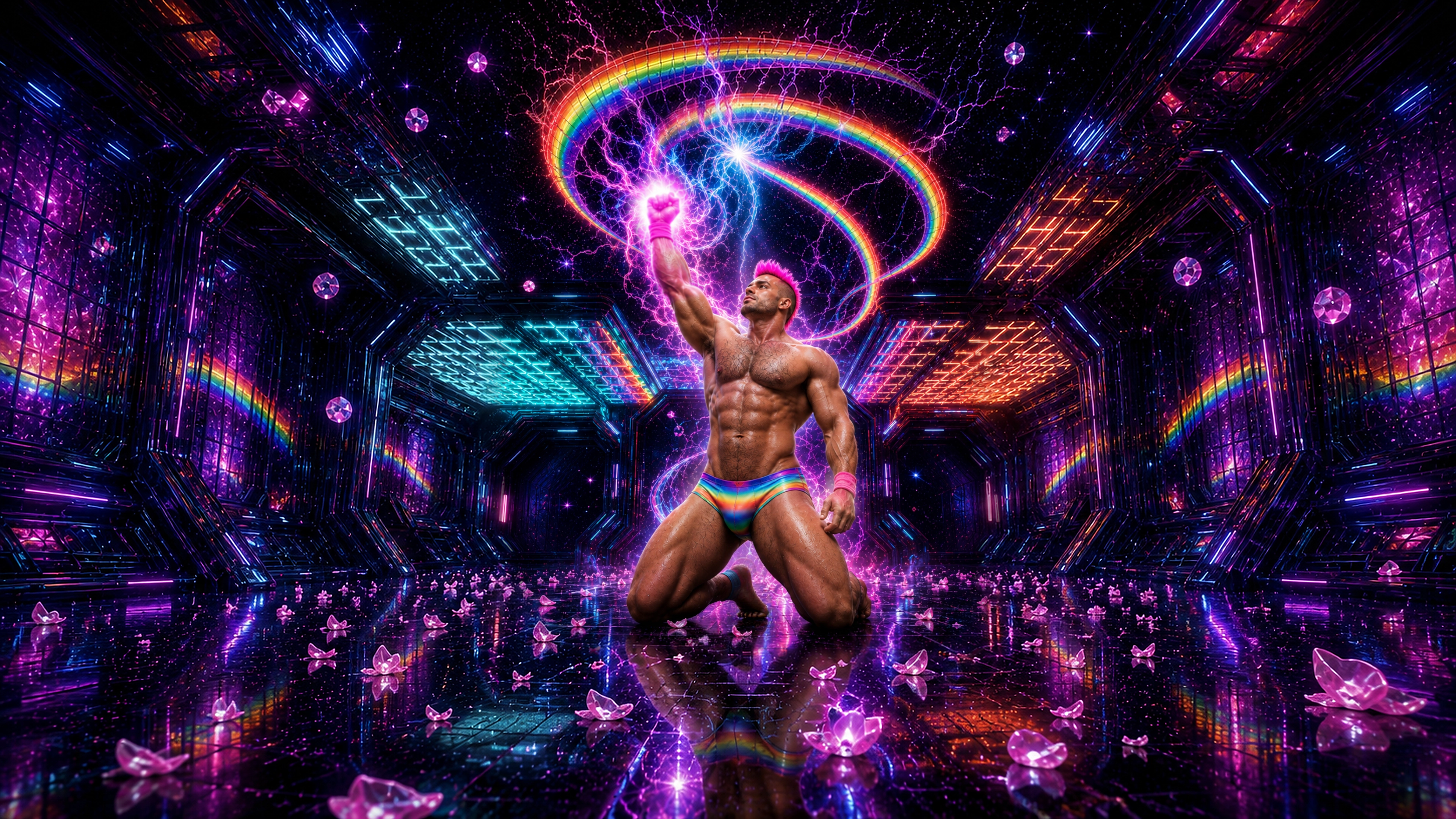 Merkin kneels in a galactic neon corridor with rainbow light, pink lightning, and glowing crystal petals.