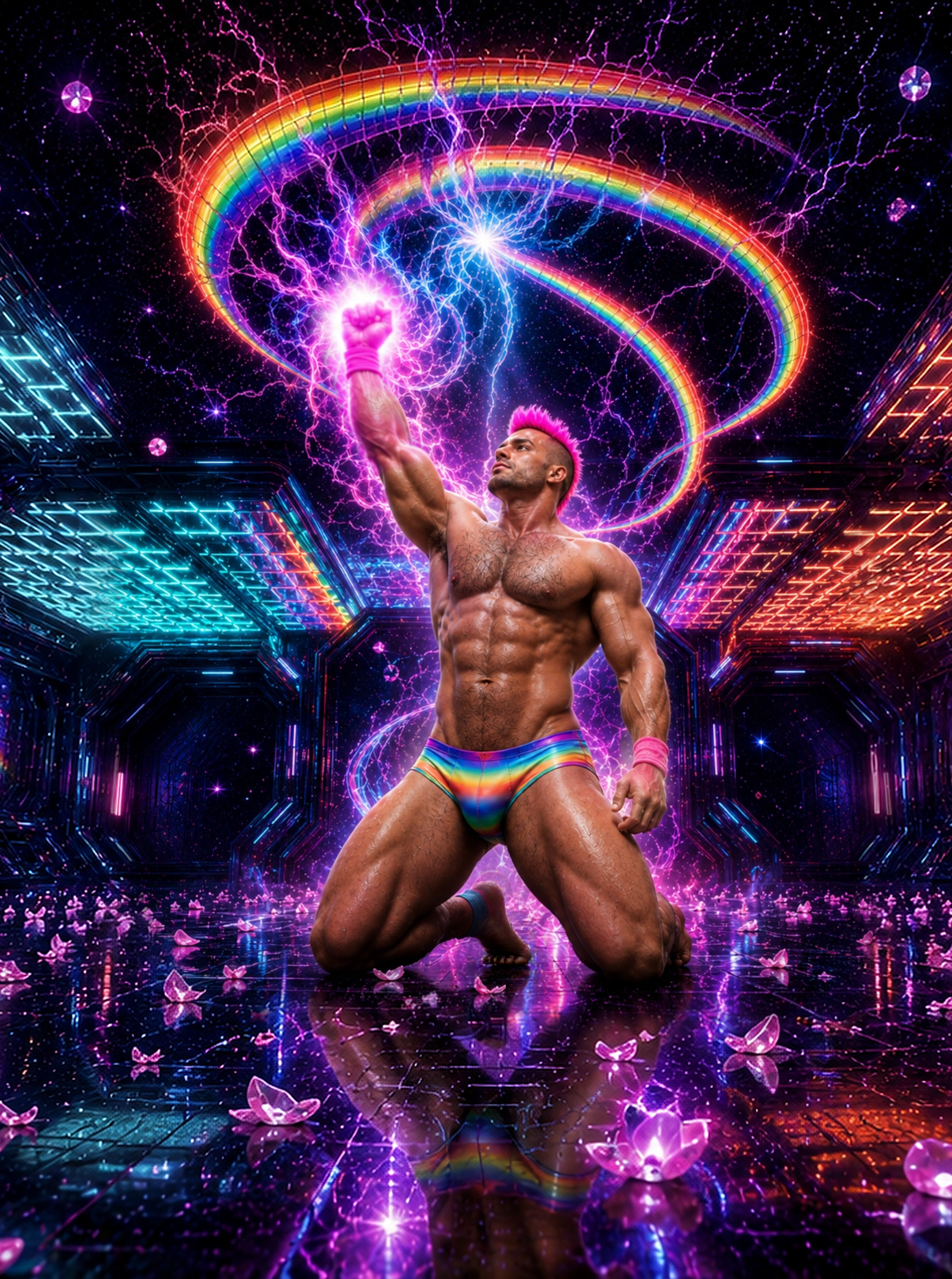 Portrait view of Merkin kneeling beneath rainbow light and pink lightning in a neon galactic shrine.